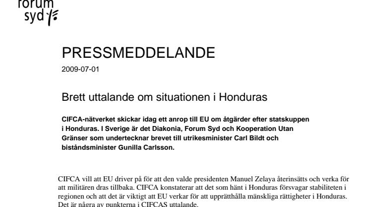 Forum Syd: Brett uttalande om situationen i Honduras