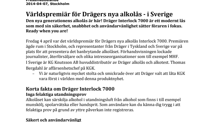 Världspremiär för Drägers nya alkolås - i Sverige