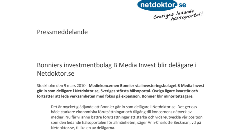 Bonniers investmentbolag B Media Invest blir delägare i Netdoktor.se