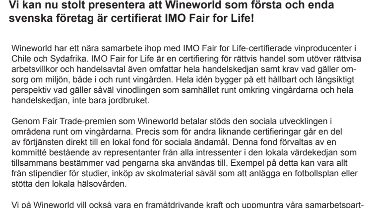 Wineworld först i Sverige att bli certifierat IMO Fair for Life 