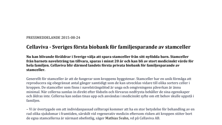 Cellaviva - Sveriges första biobank för familjesparande av stamceller 