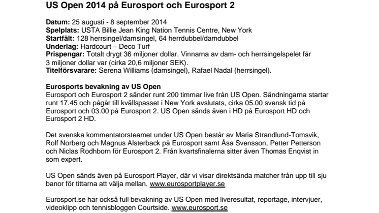 US Open 2014 på Eurosports kanaler