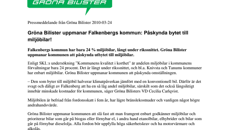 Gröna Bilister uppmanar Falkenbergs kommun: Påskynda bytet till miljöbilar!