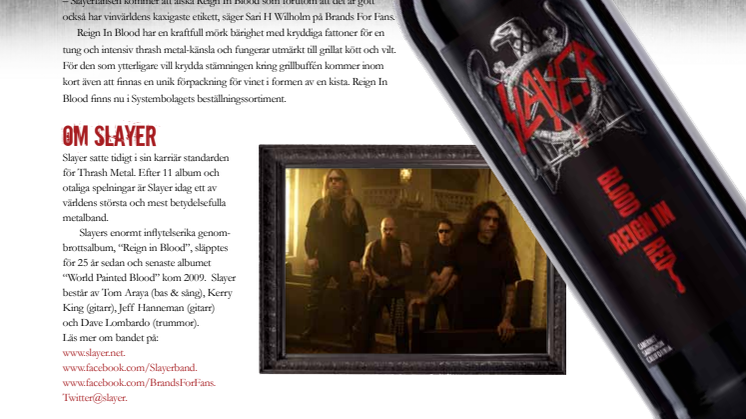 Sverigepremiär! Thrash Metal-legenderna Slayer lanserar rödvinet Reign In Blood