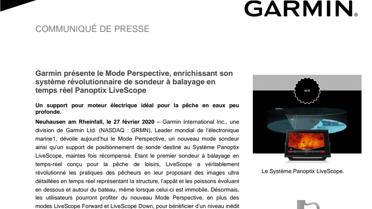 Garmin présente le Mode Perspective, enrichissant son système révolutionnaire de sondeur à balayage en temps réel Panoptix LiveScope