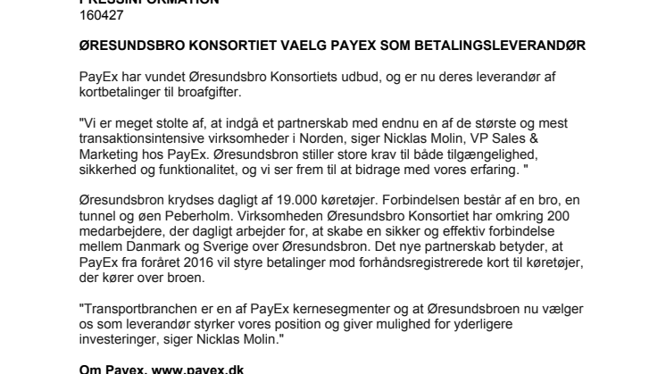 Øresundsbro Konsortiet har valgt  Payex som betalingsleverandør