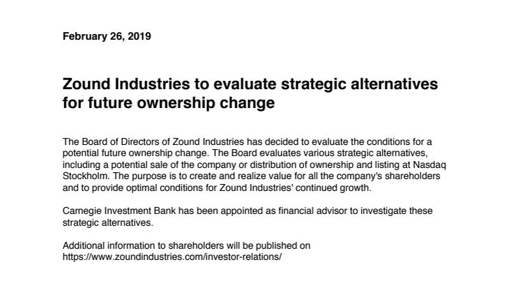  Zound Industries to evaluate strategic alternatives for future ownership change