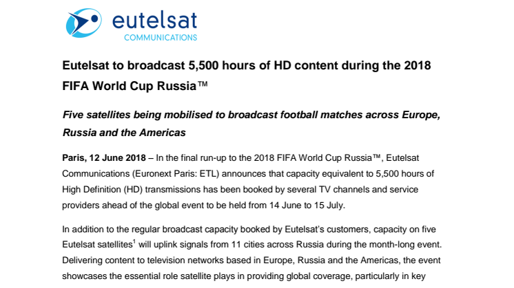 Eutelsat to broadcast 5,500 hours of HD content during the 2018 FIFA World Cup Russia™