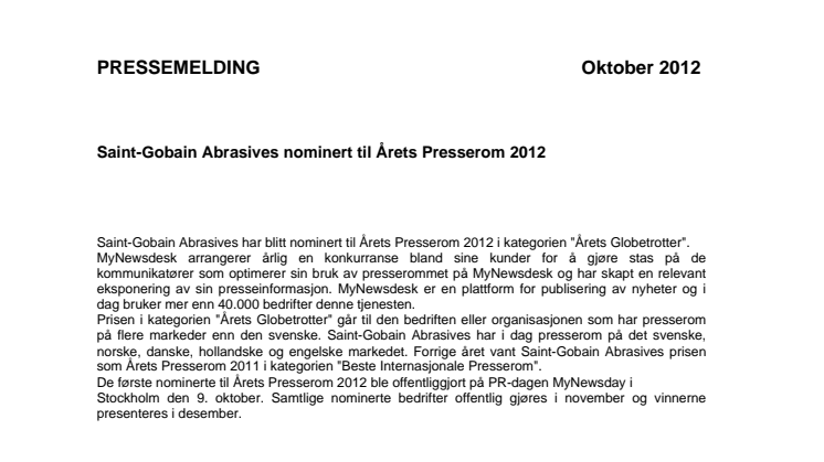 Saint-Gobain Abrasives nominert til årets presserom 2012