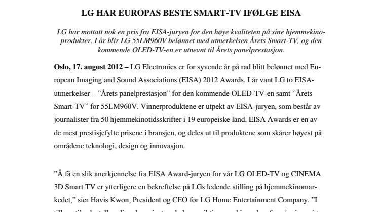 LG HAR EUROPAS BESTE SMART-TV IFØLGE EISA