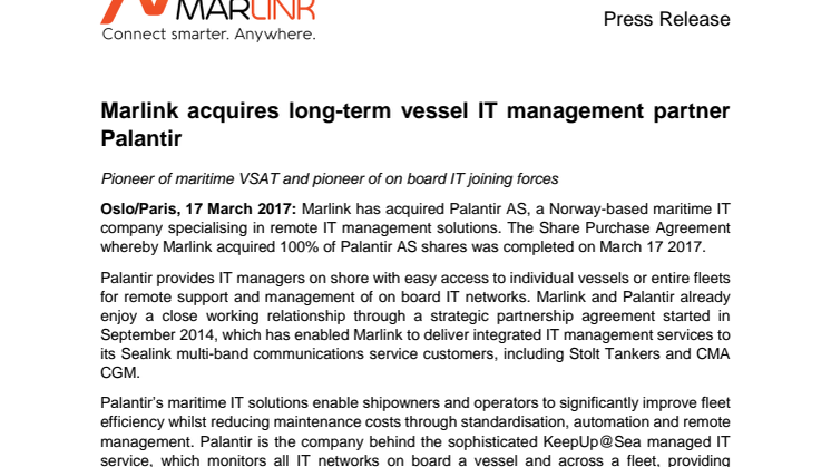 Marlink: Marlink acquires long-term vessel IT management partner Palantir