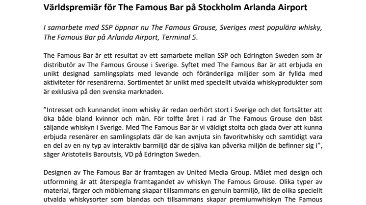 Världspremiär för The Famous Bar på Stockholm Arlanda Airport