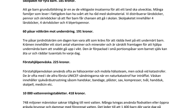 Kort information om produkter från UNICEFs gåvoshop