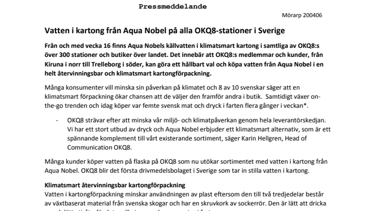 Vatten i kartong från Aqua Nobel på alla OKQ8-stationer i Sverige 