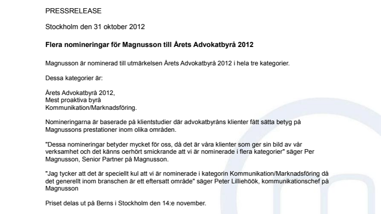 Flera nomineringar för Magnusson till Årets Advokatbyrå 2012