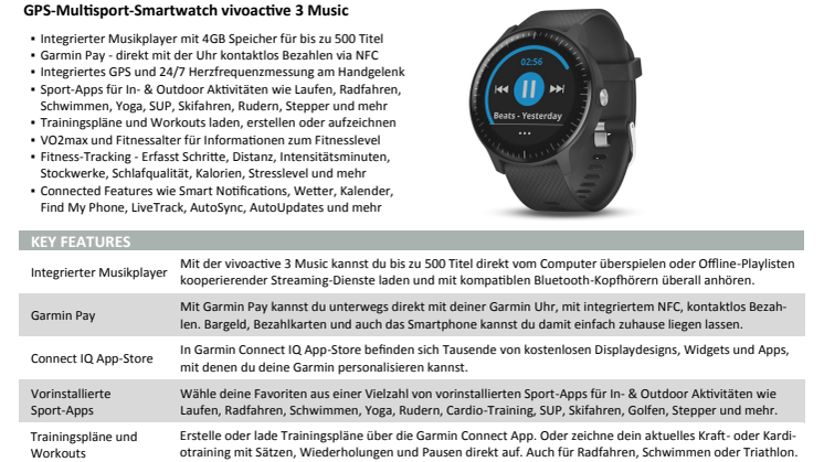 Datenblatt Garmin vívoactive 3 Music