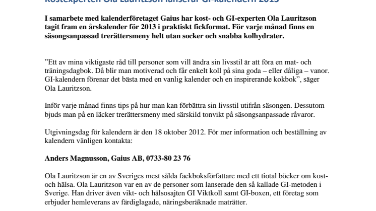 Kostexperten Ola Lauritzson lanserar GI-kalendern 2013 