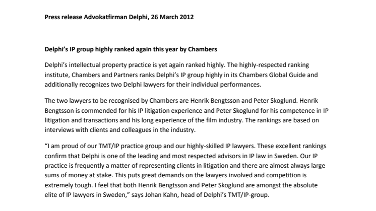 Delphi’s IP group highly ranked again this year by Chambers 