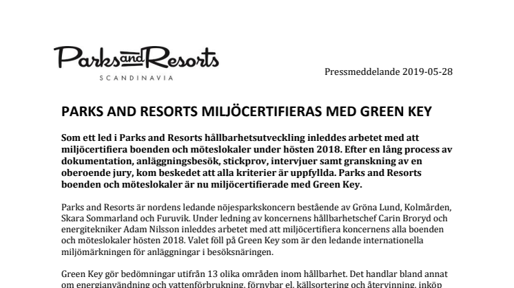 Parks and Resorts miljöcertifieras med Green Key