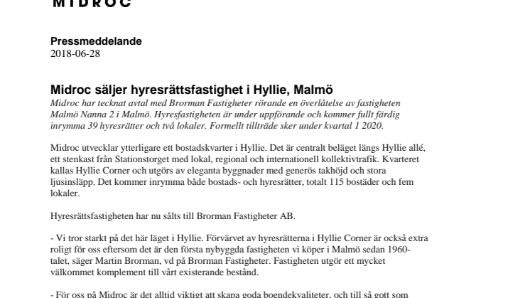 Midroc säljer hyresrättsfastighet i Hyllie, Malmö