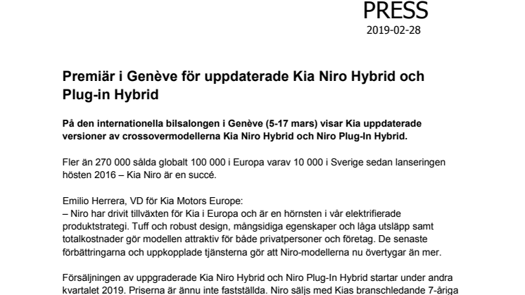 ​Premiär i Genève för uppdaterade Kia Niro Hybrid och Plug-in Hybrid