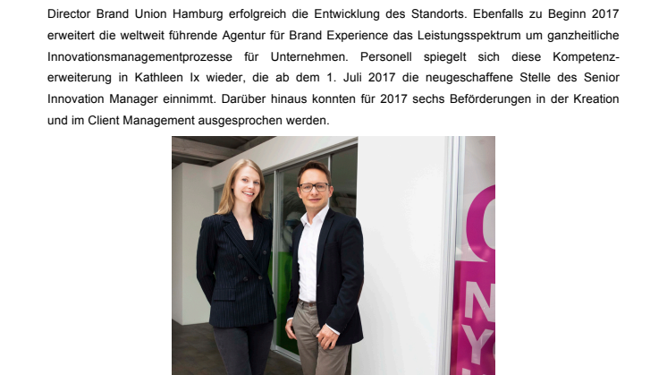 Alle Zeichen auf Wachstum: Brand Union Germany bekommt Managing Director am Standort Hamburg und schafft die Stelle Senior Innovation Manager