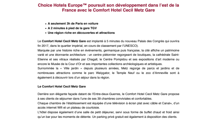 Choice Hotels Europe™ poursuit son développement dans l’est de la France avec le Comfort Hotel Cecil Metz Gare 