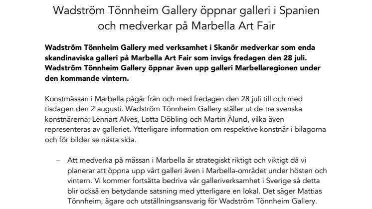 Wadström Tönnheim Gallery öppnar galleri i Spanien och medverkar på Marbella Art Fair 