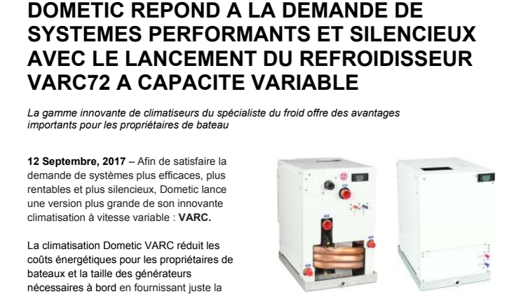 Dometic - Cannes: Dometic Repond A La Demande De Systemes Performants Et Silencieux Avec Le Lancement Du Refroidisseur VARC72 A Capacite Variable