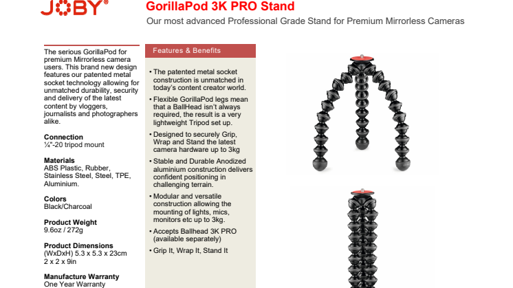 Joby GorillaPod 3K Pro Stand datasheet