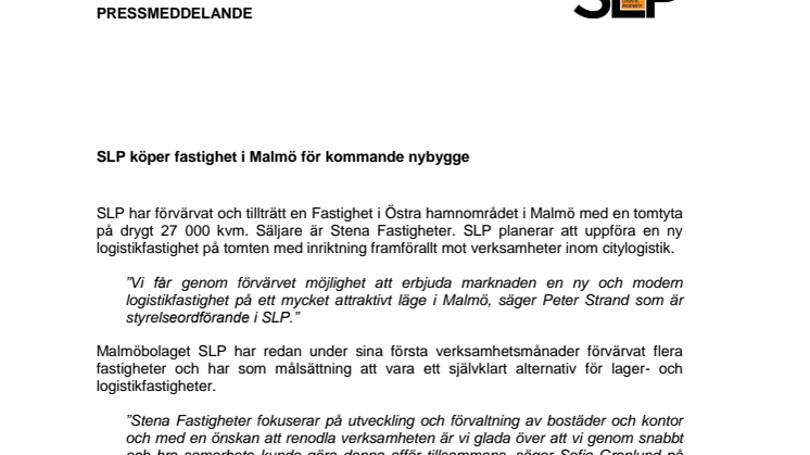 SLP köper fastighet i Malmö för kommande nybygge