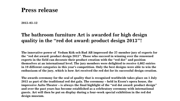The bathroom furniture Art is awarded for high design quality in the red dot award: product design 2013