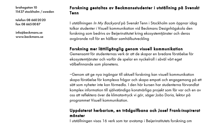 Forskning gestaltas av Beckmansstudenter i utställning på Svenskt Tenn