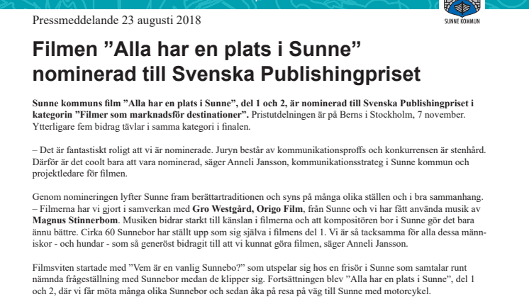 Filmen ”Alla har en plats i Sunne”  nominerad till Svenska Publishingpriset