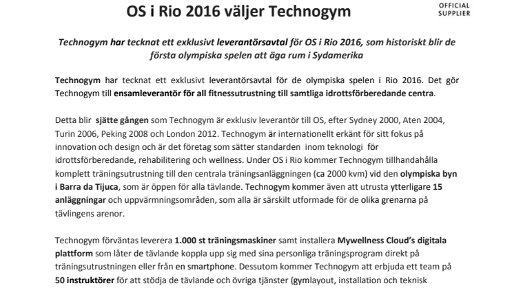 OS i Rio 2016 väljer Technogym