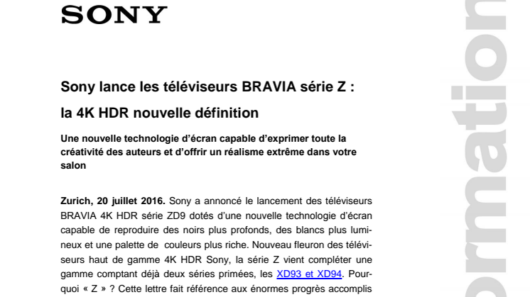 ​Sony lance les téléviseurs BRAVIA série Z : la 4K HDR nouvelle définition