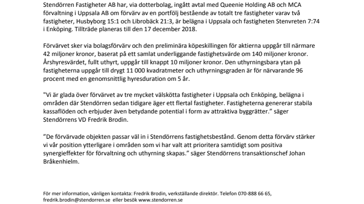 Stendörren Fastigheter förvärvar tre fastigheter i Uppsala & Enköping för 140 miljoner kronor