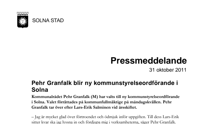 Pehr Granfalk blir ny kommunstyrelseordförande i Solna
