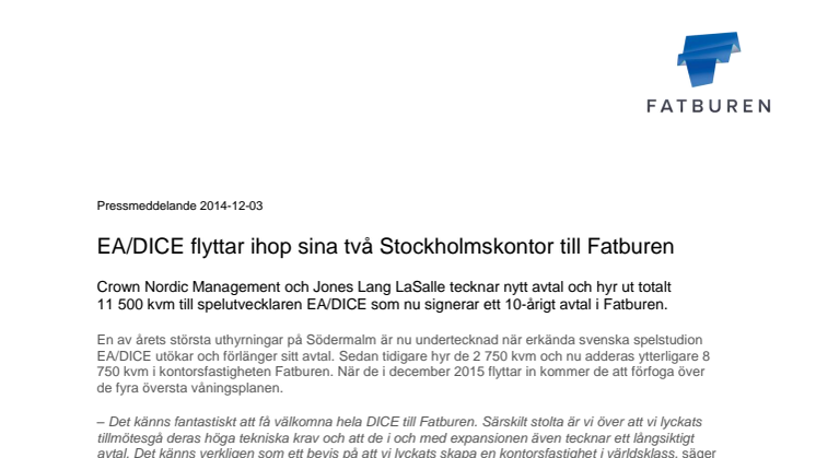 EA/DICE flyttar ihop sina två Stockholmskontor till Fatburen