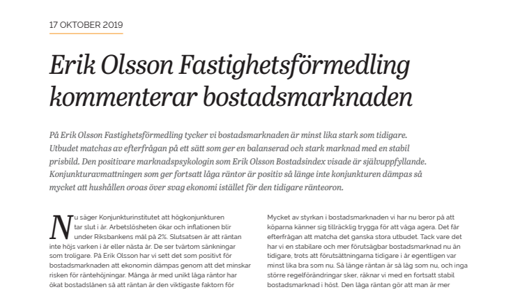 Erik Olsson Fastighetsförmedling kommenterar bostadsmarknaden 17 oktober 2019