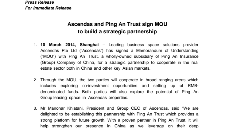 Ascendas and Ping An Trust Sign MOU to Build a Strategic Partnership