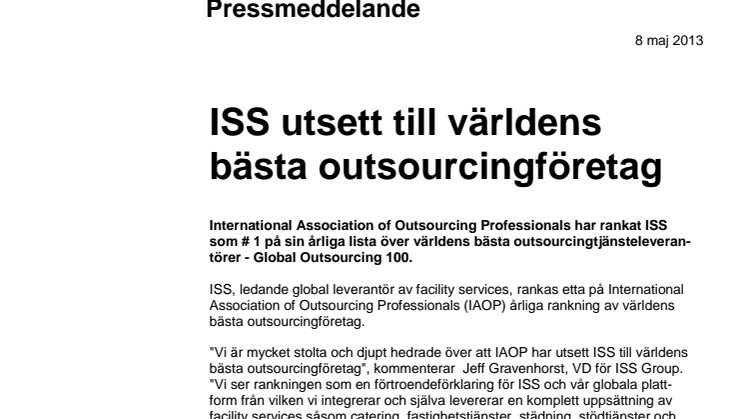 ISS utsett till världens bästa outsourcingföretag
