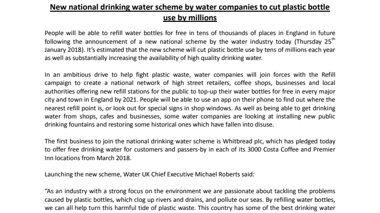 New national drinking water scheme by water companies to cut plastic bottle use by millions