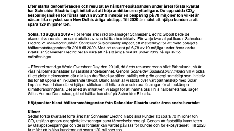 Schneider Electric når över hållbarhetsmålen för andra kvartalet 2019 
