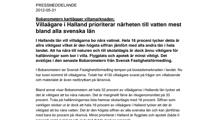 Bobarometern: Villaägare i Halland prioriterar närheten till vatten mest bland alla svenska län 