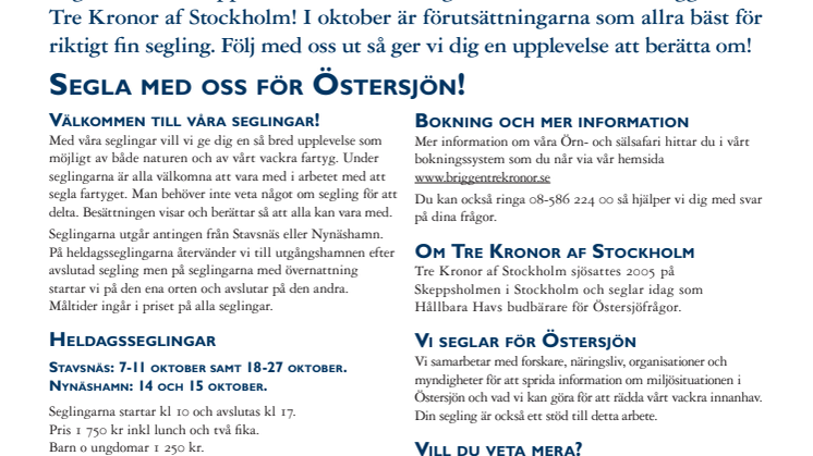 Segla med! Örn & Sälsafari med briggen Tre Kronor af Stockholm oktober 2017