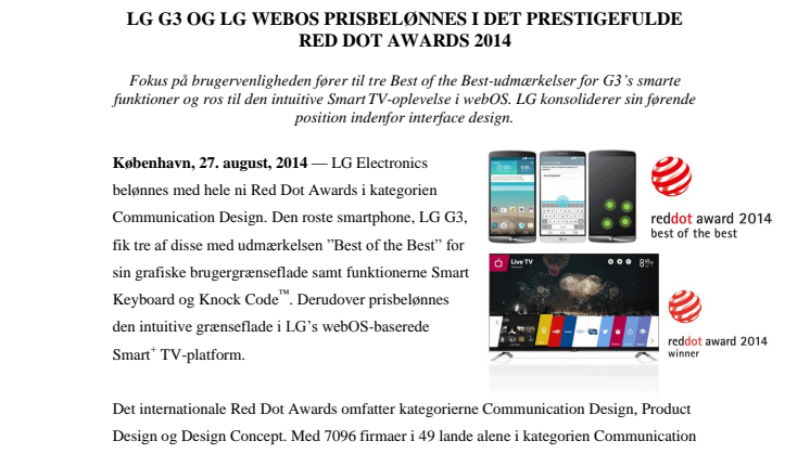 LG G3 OG LG WEBOS PRISBELØNNES I DET PRESTIGEFULDE RED DOT AWARDS 2014