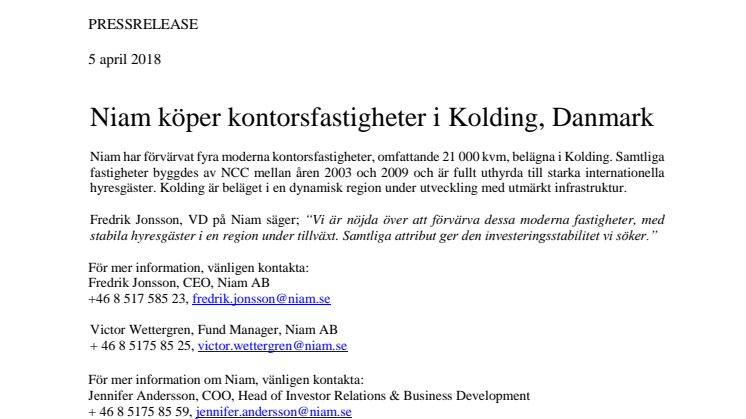 Niam köper kontorsfastigheter i Kolding, Danmark