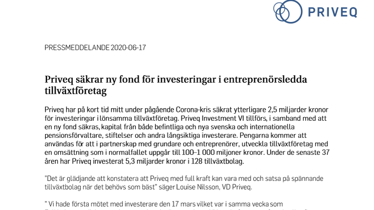Priveq säkrar ny fond för investeringar i entreprenörsledda tillväxtföretag