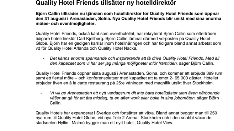 Quality Hotel Friends tillsätter ny hotelldirektör